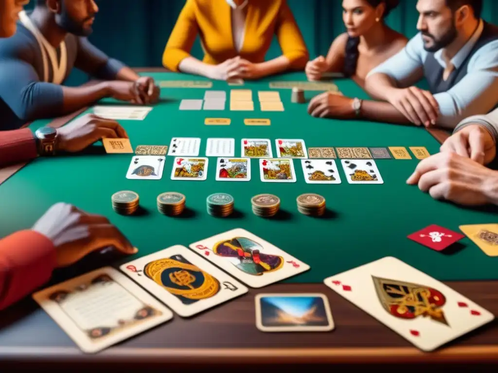 Un grupo de amigos disfruta de una intensa partida de juego de mesa con cartas místicas