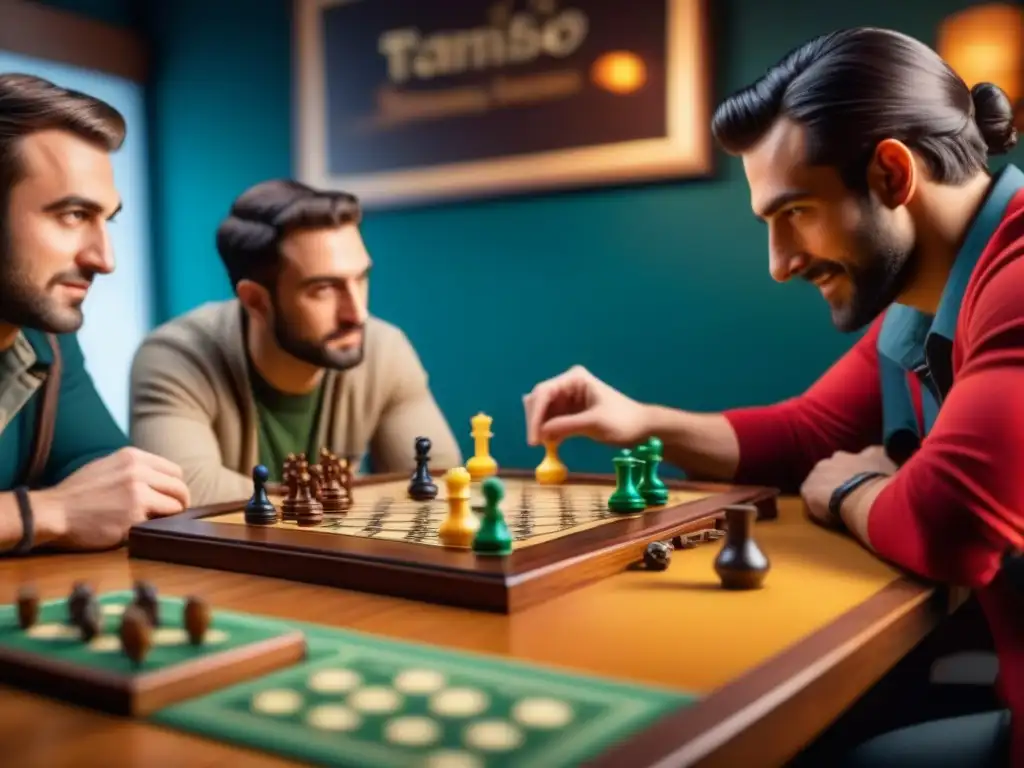 Grupo de amigos disfrutando de una intensa sesión de juegos de mesa en un ambiente acogedor