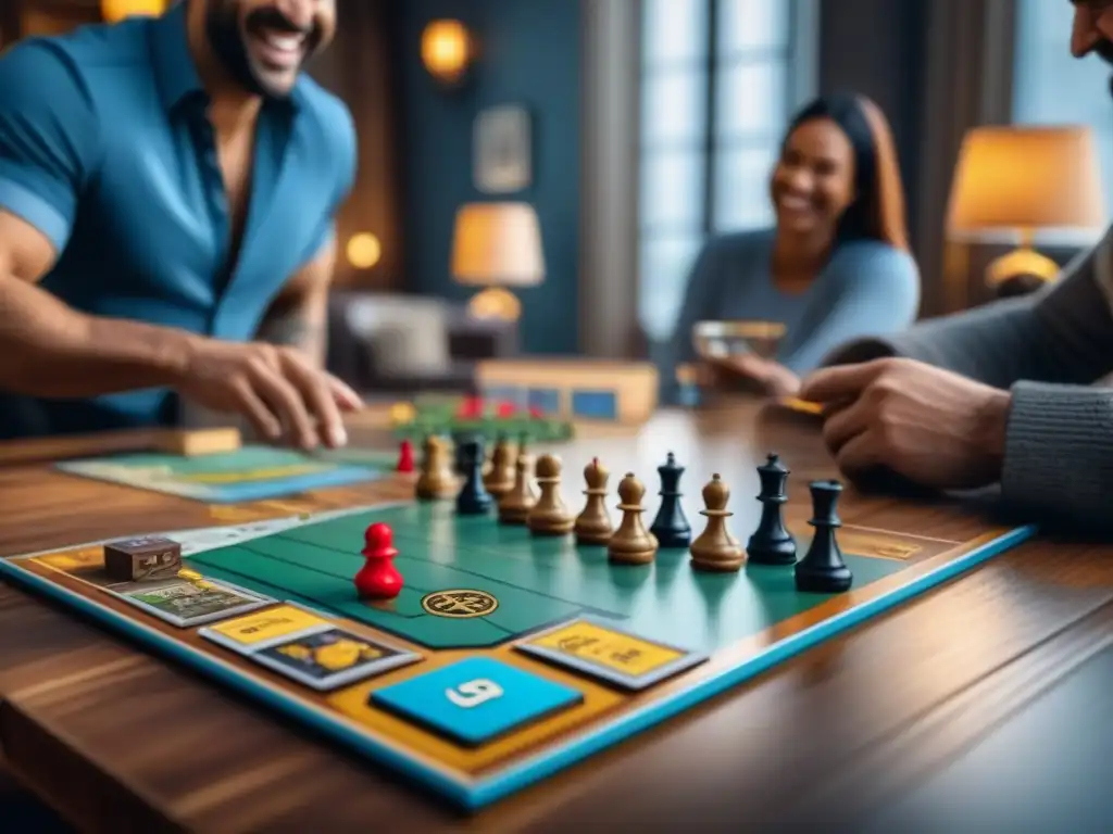 Grupo de amigos divirtiéndose con un juego de mesa, piezas detalladas y cartas coloridas