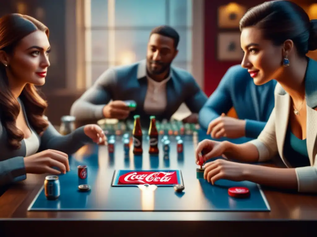 Grupo de amigos compitiendo en un juego de mesa de bebidas con marcas de CocaCola y Pepsi, rodeados de latas y botellas