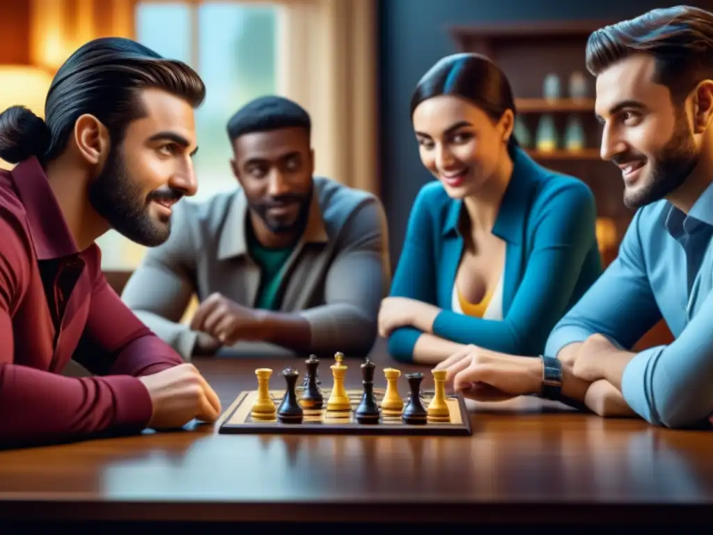 Un grupo de amigos disfrutando de un juego de mesa, con piezas detalladas y caras emocionadas