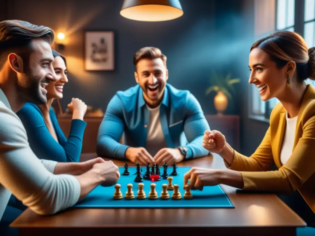 Grupo de amigos disfruta de un juego de mesa, celebrando con entusiasmo