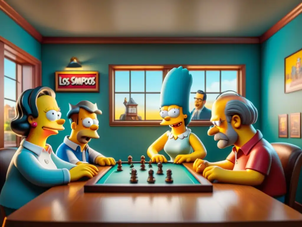 Un grupo de amigos disfruta intensamente del Juego de mesa Los Simpsons en un entorno lleno de decoración temática de la famosa serie