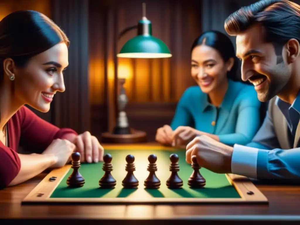 Grupo de amigos disfrutando de un juego de mesa, mostrando camaradería y concentración