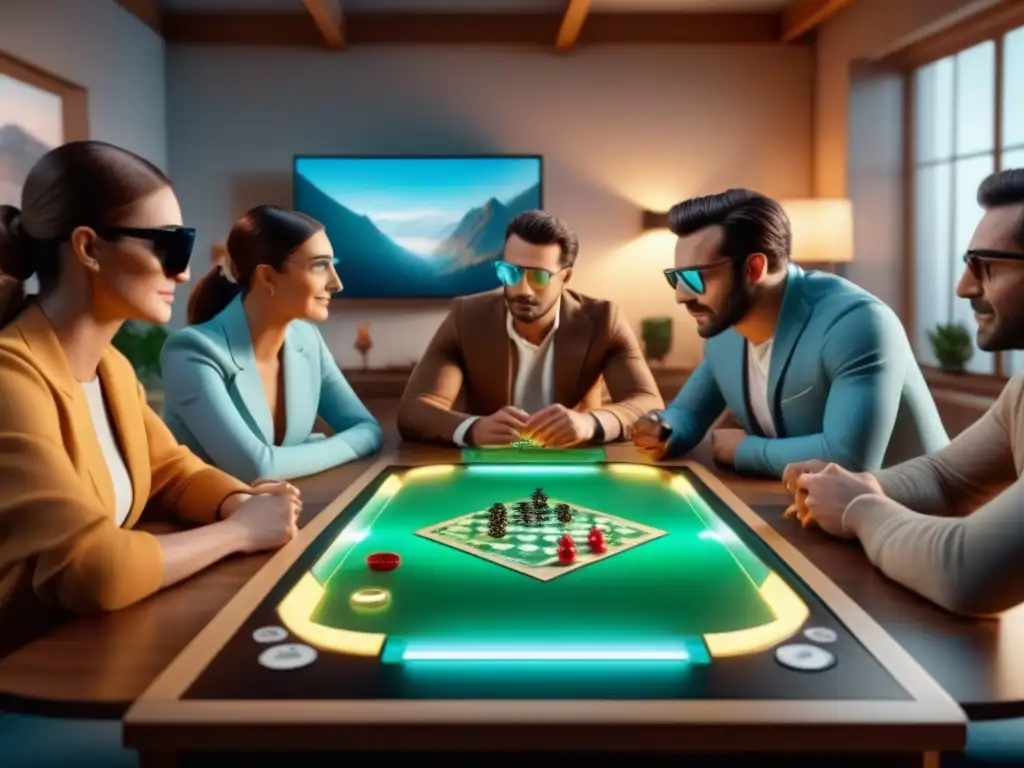 Grupo de amigos disfrutando de un juego de mesa con Realidad Aumentada, inmersos en una experiencia futurista y emocionante