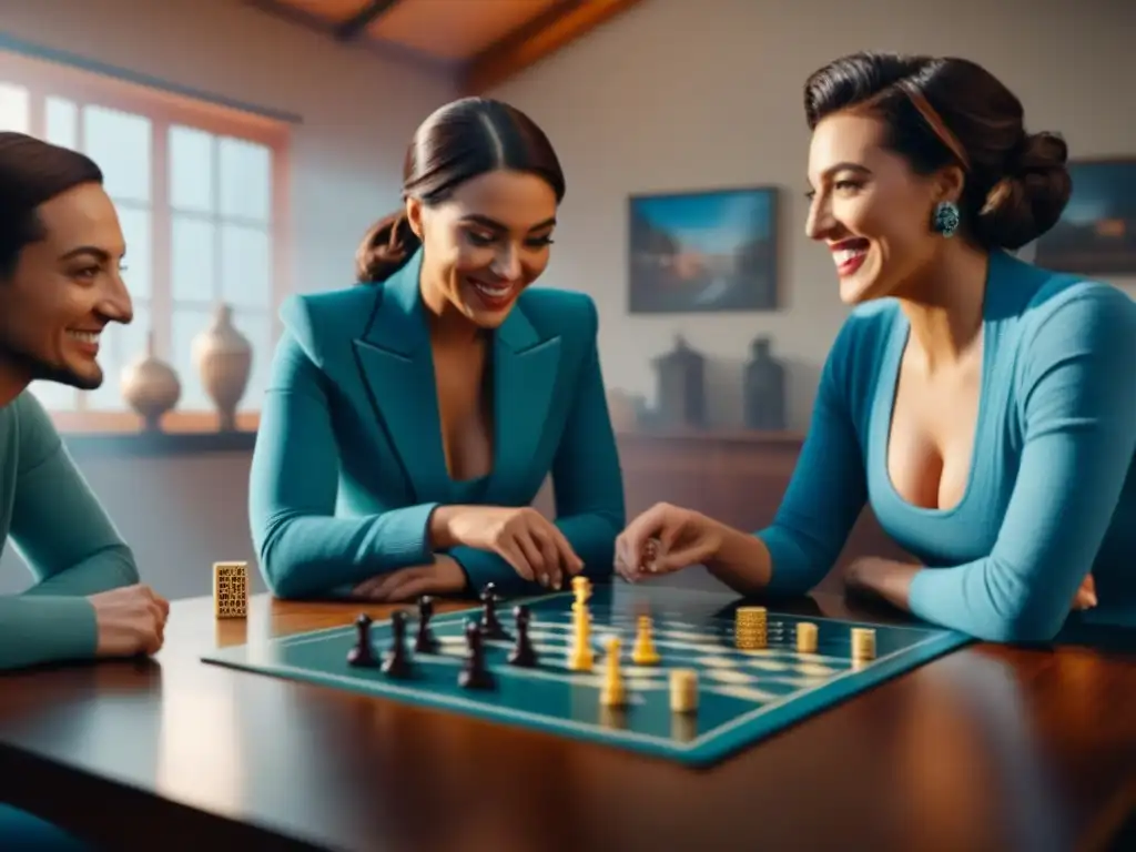 Un grupo de amigos disfrutando de un juego de mesa en una habitación acogedora, con estanterías llenas de juegos y una ventana soleada