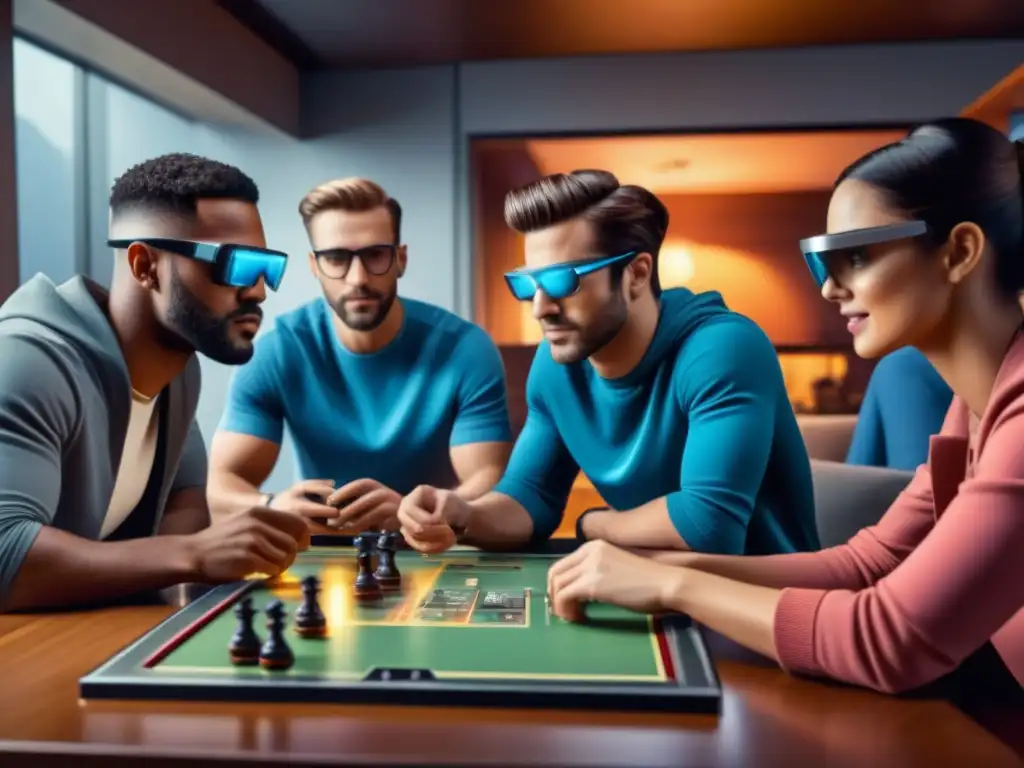 Grupo de amigos disfrutando de un juego de mesa con Realidad Aumentada, inmersos en una experiencia futurista llena de emoción y estrategia