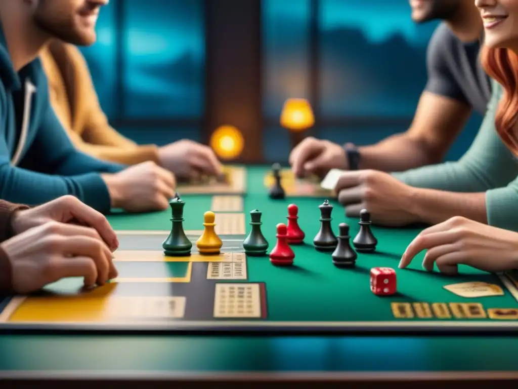 Grupo de amigos disfrutando de juegos de mesa, creando una atmósfera acogedora