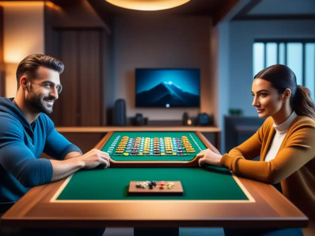 Grupo de amigos disfrutando de juegos de mesa en una mesa ergonómica, creando un ambiente acogedor y cómodo