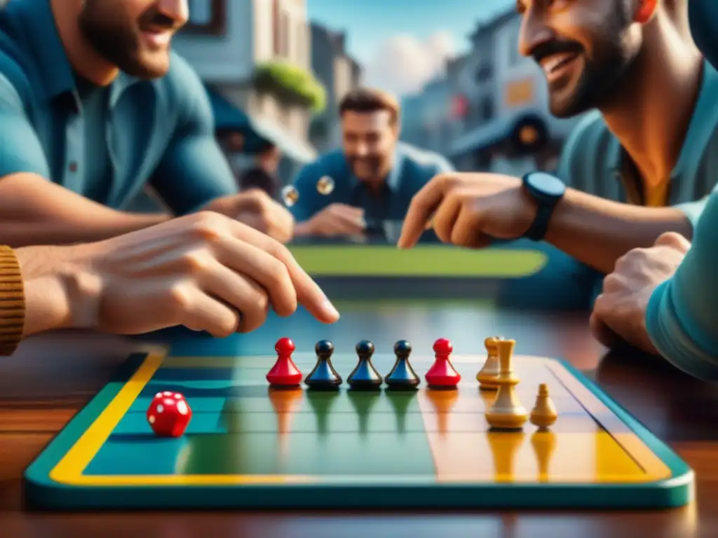 Un grupo de amigos disfruta de juegos de mesa portátiles en animado café al aire libre