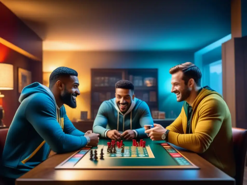 Grupo de amigos disfrutando de juegos de mesa en una habitación llena de diversión y camaradería, psicología eventos lanzamiento juegos mesa