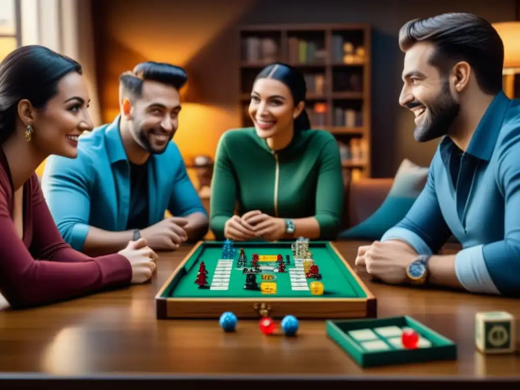 Un grupo de amigos disfruta intensamente de juegos de mesa, mostrando camaradería y diversión