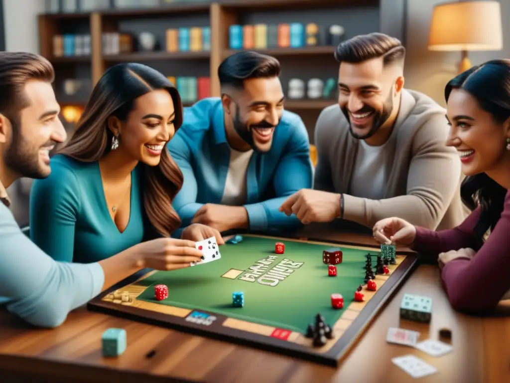 Un grupo de amigos disfrutando de juegos de mesa en un ambiente cálido y acogedor