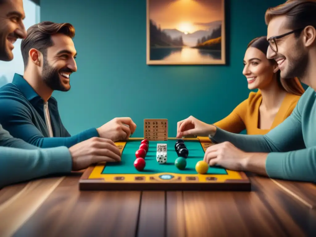 Un grupo de amigos disfrutando de juegos de mesa en una mesa de madera elegante