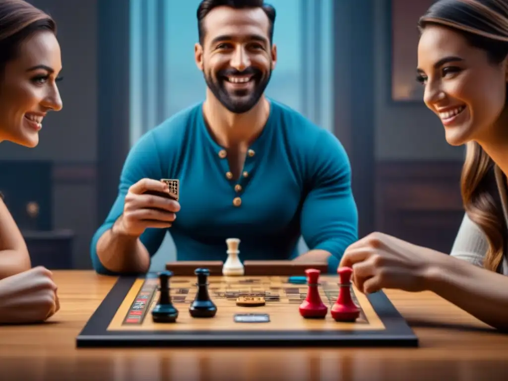 Grupo de amigos disfrutando de juegos de mesa en un ambiente animado y divertido