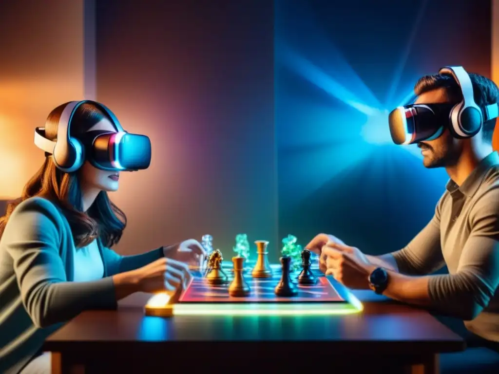 Un grupo de amigos disfruta de juegos de mesa en realidad virtual, inmersos en un mundo digital y analógico