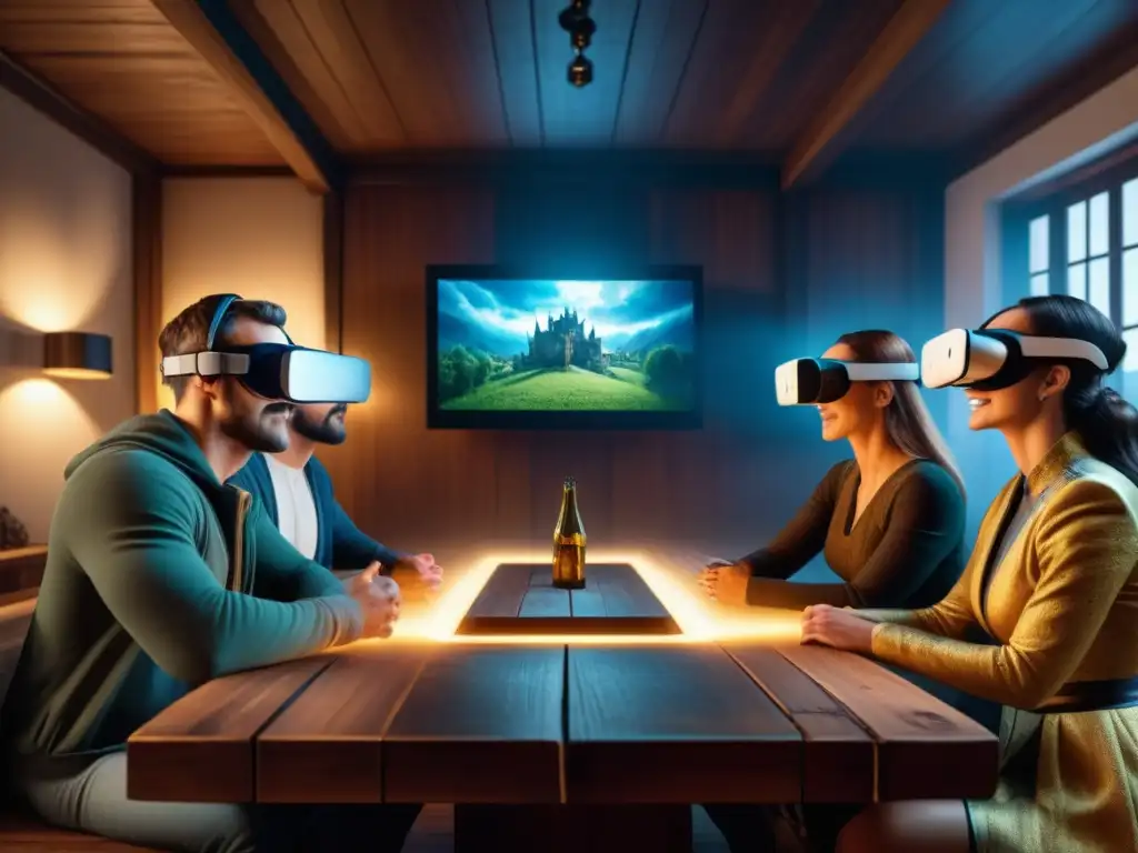 Un grupo de amigos disfruta de juegos de mesa realidad virtual en una sala iluminada con un juego medieval proyectado sobre una mesa de madera