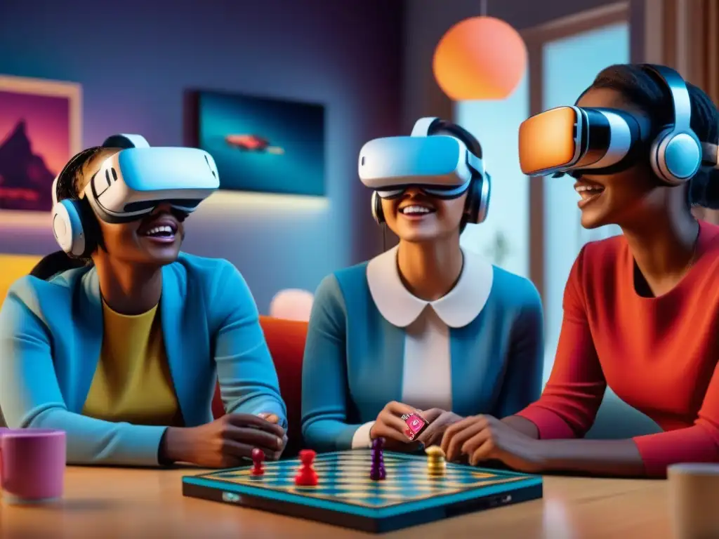 Un grupo de amigos disfruta de juegos de mesa realidad virtual en un ambiente futurista y acogedor