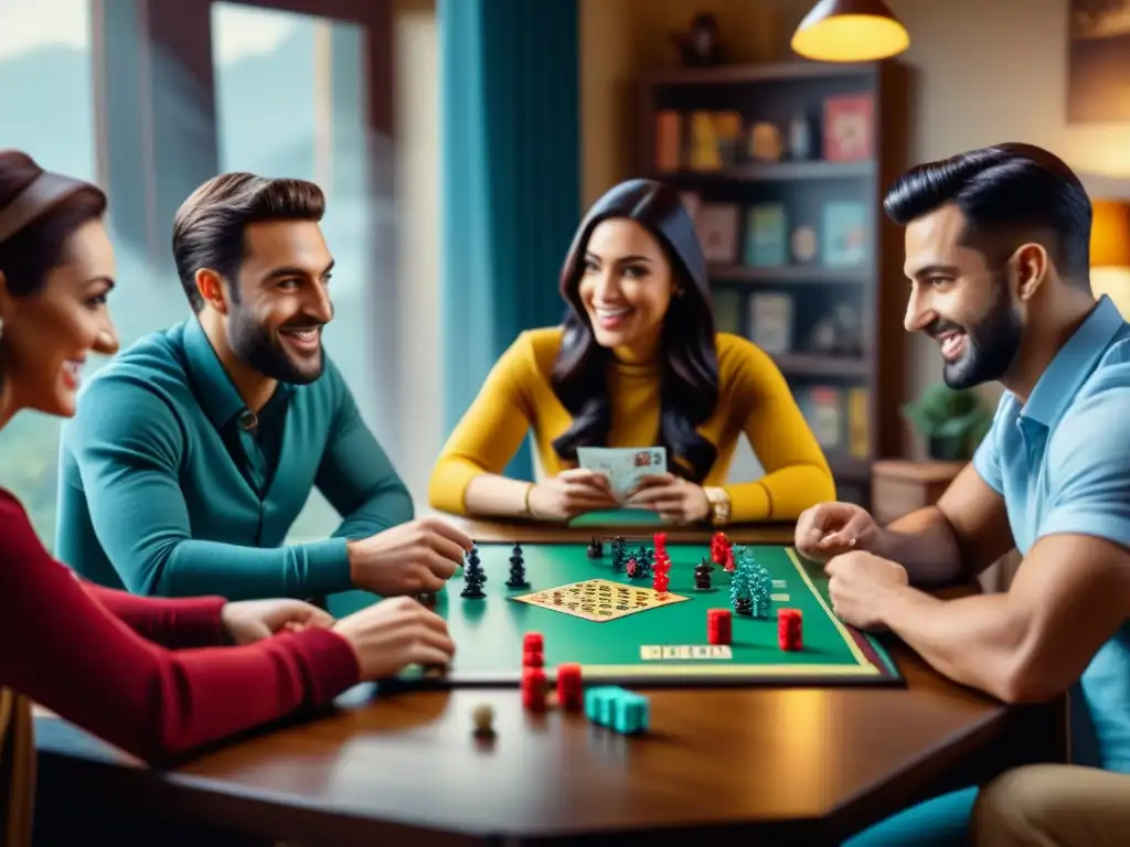 Un grupo de amigos disfruta de los mejores juegos de mesa en una habitación acogedora, mostrando diversión y concentración