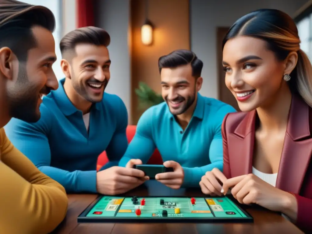 Grupo de amigos disfrutando del Monopoly en la app móvil desde distintas ubicaciones, conectados a la distancia