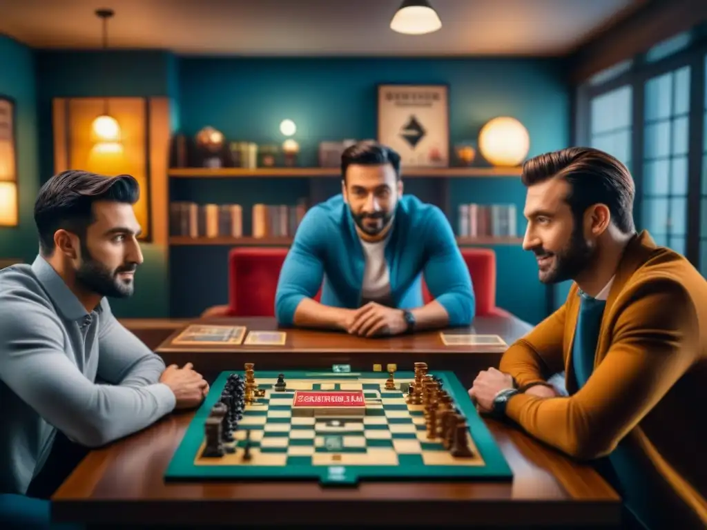 Grupo de amigos disfrutando de una noche de juegos en un ambiente acogedor