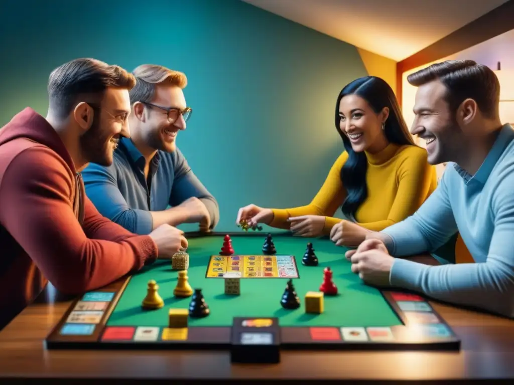 Grupo de amigos disfrutando de una noche de juegos de mesa ideales jugadores, en ambiente acogedor y divertido