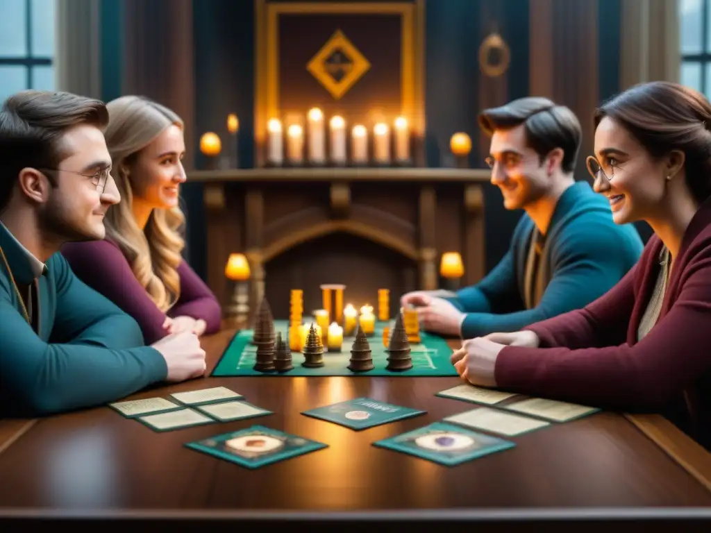 Grupo de amigos disfrutando de una noche de juegos con expansiones imprescindibles Harry Potter en un ambiente mágico y emocionante