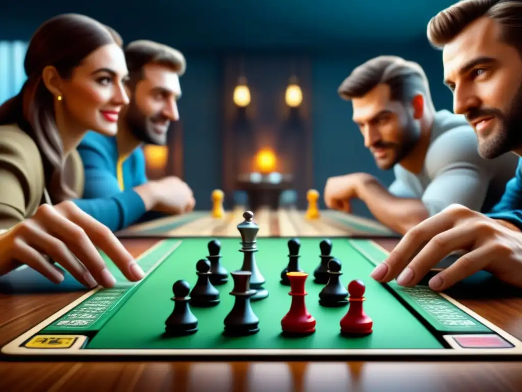 Un grupo de amigos disfruta de una noche de juegos de mesa, con expresiones de concentración y emoción