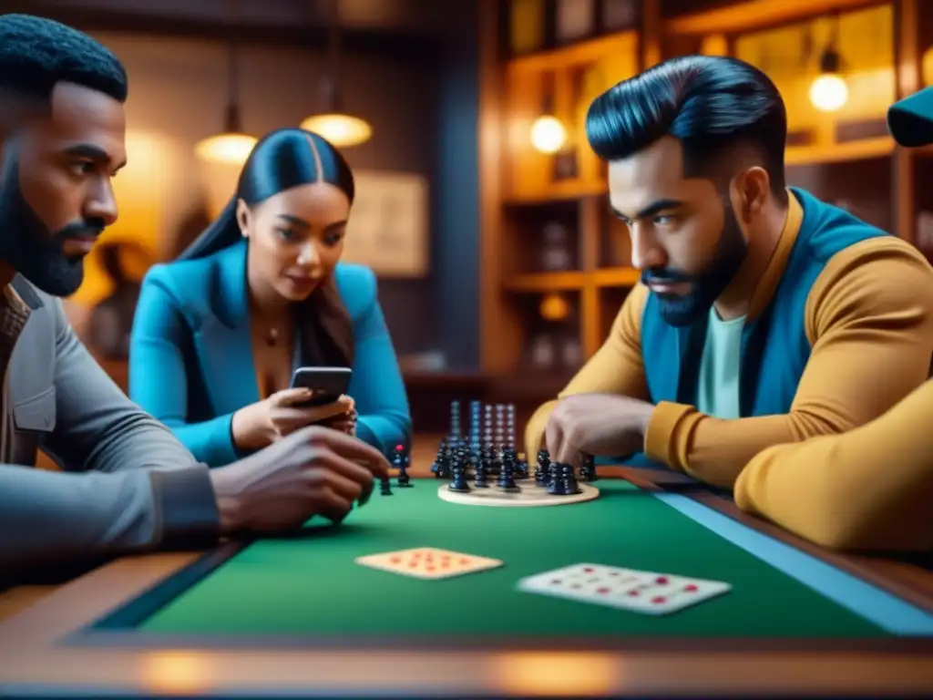 Un grupo de amigos disfrutando de una partida de juegos de mesa móviles en una cafetería acogedora