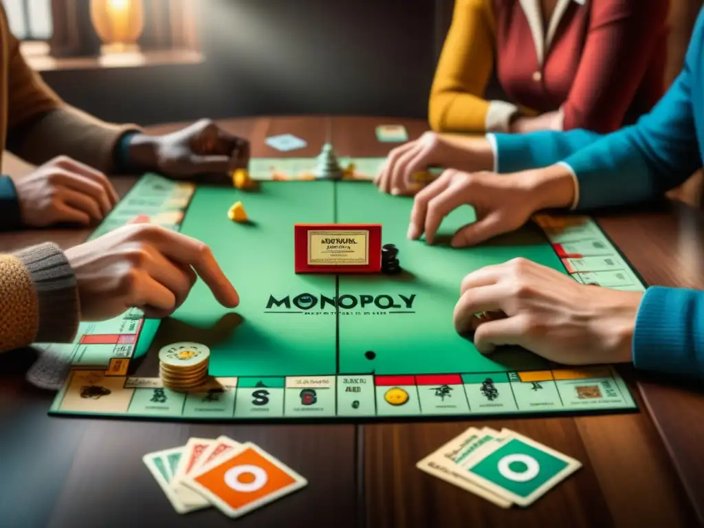 Grupo de amigos disfrutando de una partida de Monopoly en una atmósfera nostálgica