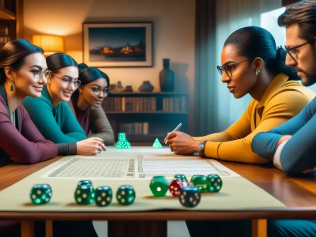 Grupo de amigos disfrutando de una partida de rol en una acogedora sala llena de juegos de mesa