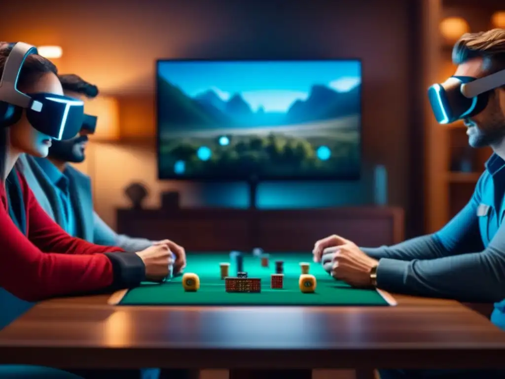 Un grupo de amigos disfruta de Realidad Virtual en juegos de mesa en un ambiente acogedor y lleno de diversión