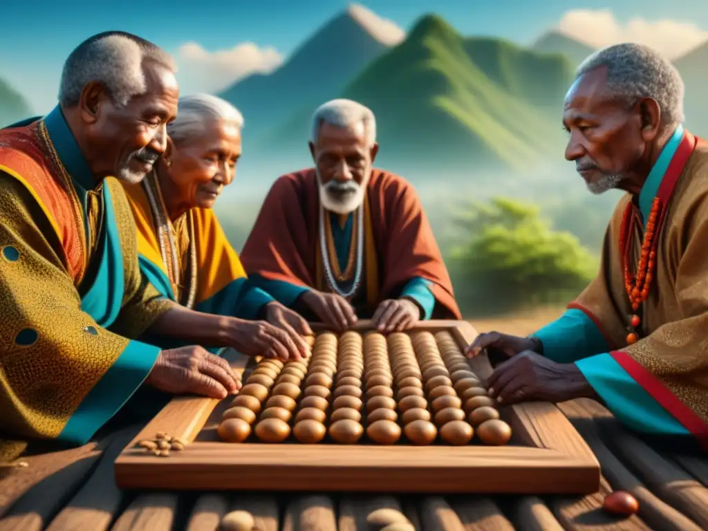 Un grupo de ancianos africanos juega Mancala con concentración y alegría en una aldea vibrante