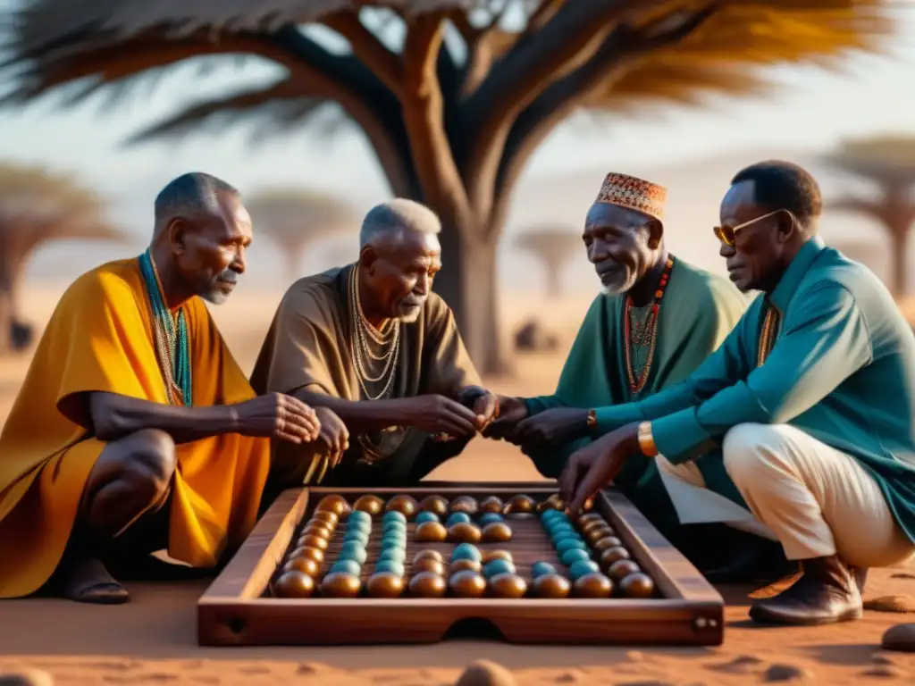 Un grupo de ancianos africanos juega Mancala bajo un baobab al atardecer