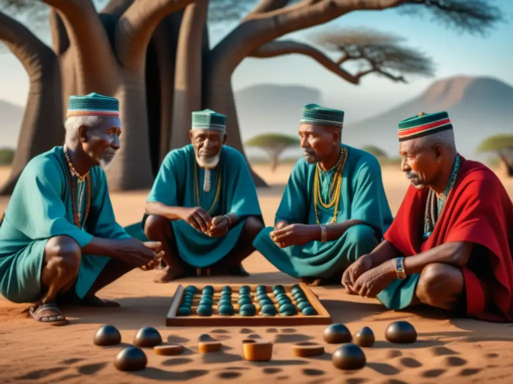 Un grupo de ancianos africanos juega Mancala bajo un baobab, demostrando la tradición y estrategia del juego