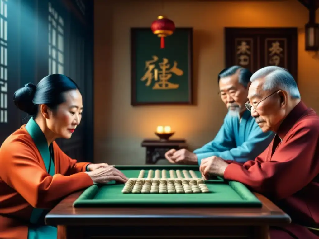 Un grupo de ancianos chinos concentrados en una partida de Mahjong, rodeados de decoración tradicional china