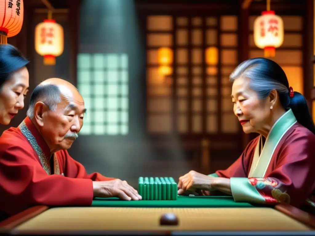Partida de mahjong: tradición y concentración en acción Un grupo de ancianos chinos juega Mahjong en una atmósfera tradicional y llena de historia