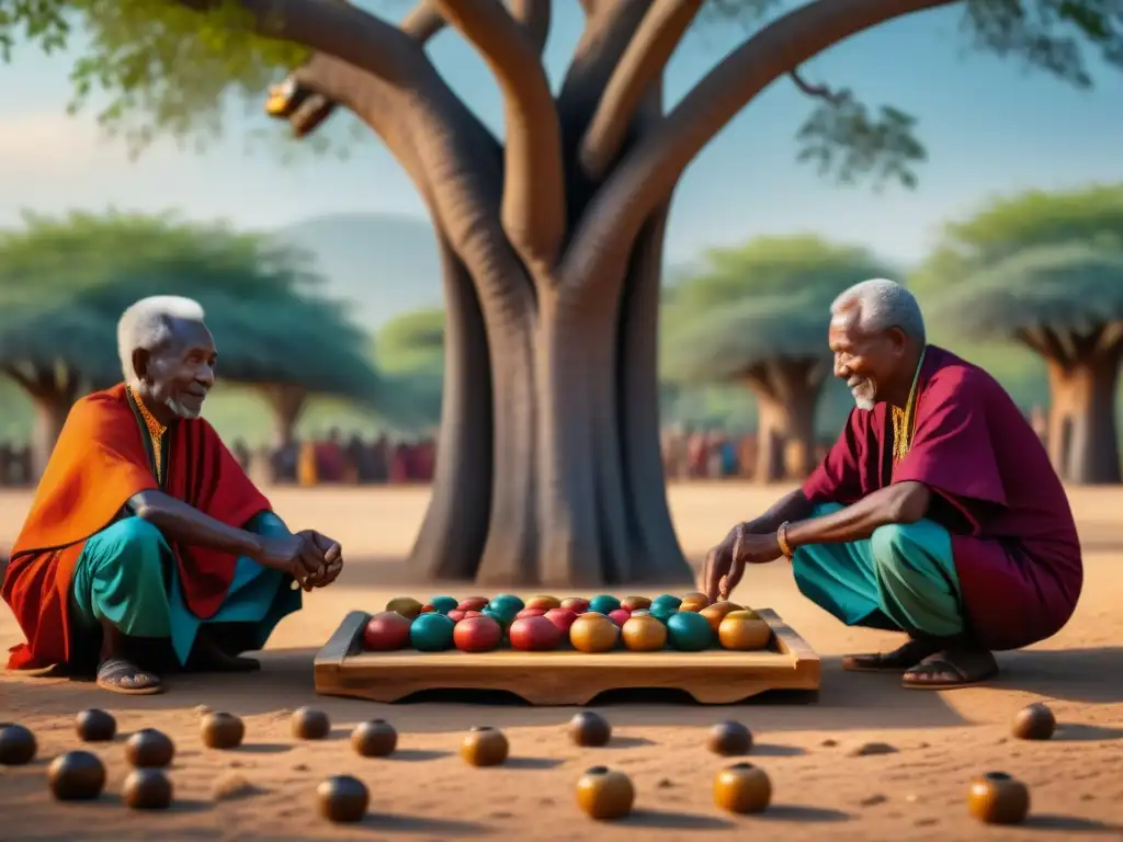 Un grupo de ancianos de una comunidad africana juega Mancala bajo un baobab, reflejando historia y tradición