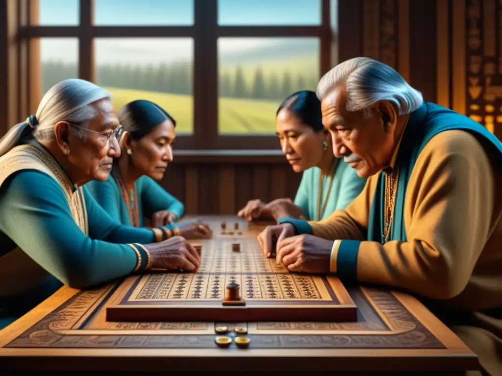 Un grupo de ancianos indígenas americanos concentrados en un juego de mesa tradicional, con detalles intrincados y sabiduría