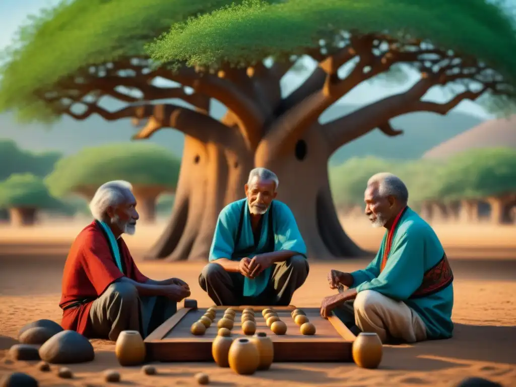 Un grupo de ancianos juega Mancala bajo un baobab, mostrando la historia del juego