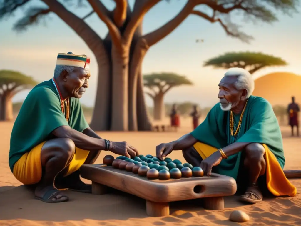 Un grupo de ancianos de una tribu africana juega Mancala bajo un baobab al atardecer, transmitiendo la Historia del juego de Mancala