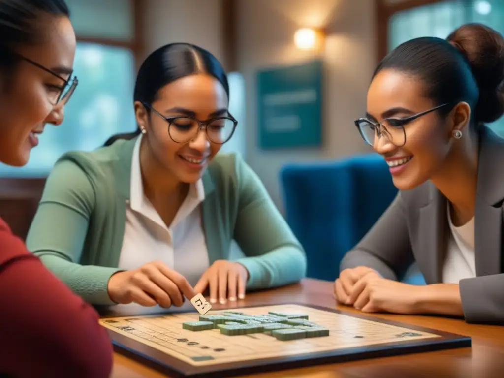 Un grupo de aprendices de idiomas concentrados en un juego de Scrabble, rodeados de libros y diccionarios