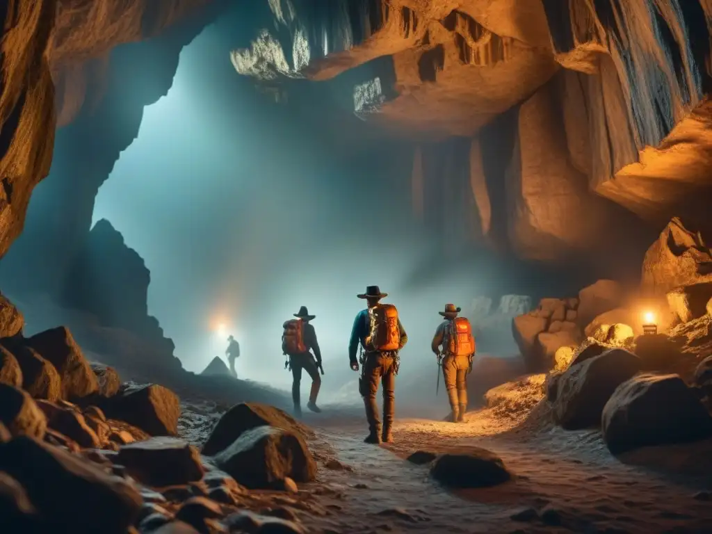 Un grupo de aventureros explorando una caverna oscura, iluminados por antorchas