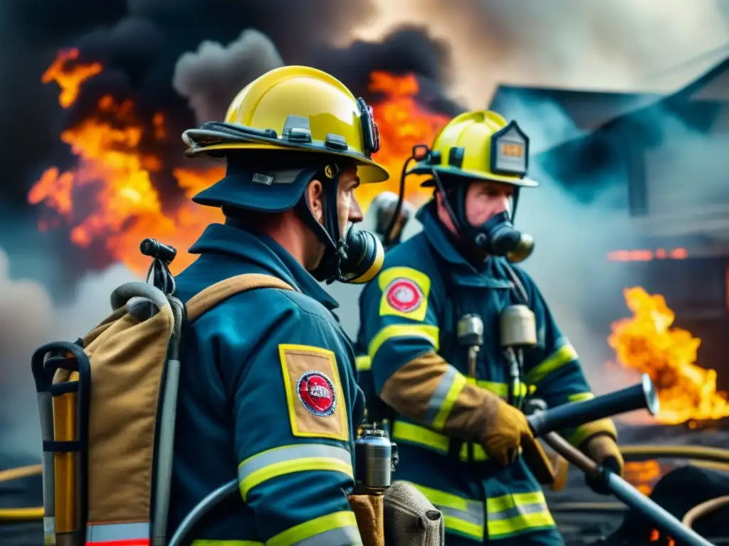 Un grupo de bomberos con equipo completo trabajando juntos para extinguir un incendio en un edificio