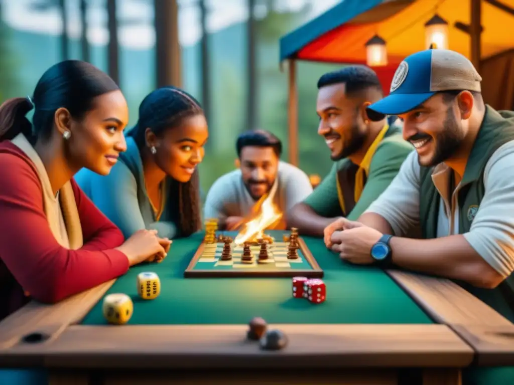 Un grupo de campistas de todas las edades disfrutan de juegos de mesa en un campamento al aire libre