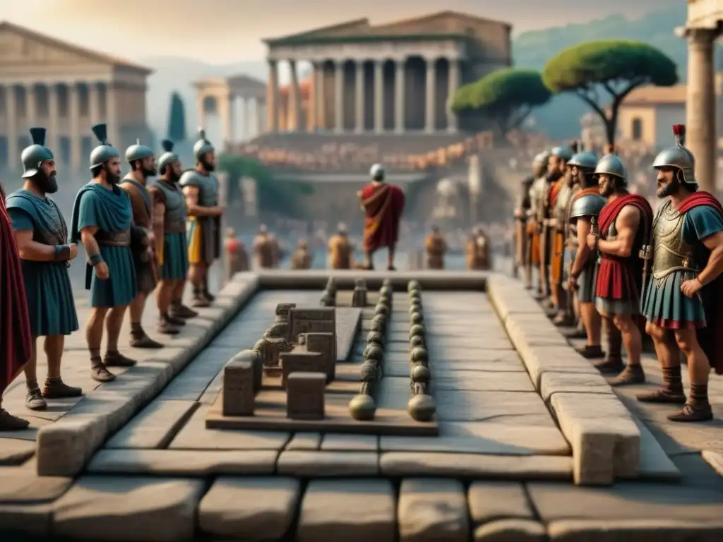 Grupo de ciudadanos romanos en un animado juego de 'Ludus Latrunculorum', en el foro romano