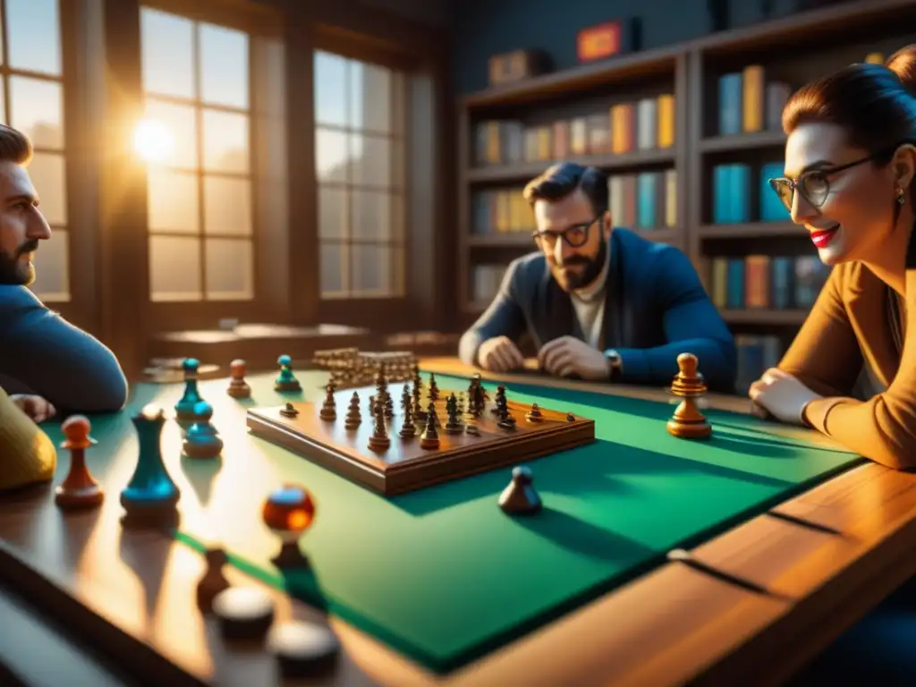 Coleccionistas de juegos de mesa examinan rarezas exclusivas con emoción Grupo de coleccionistas de juegos de mesa examinan ediciones exclusivas en una habitación llena de color y emoción