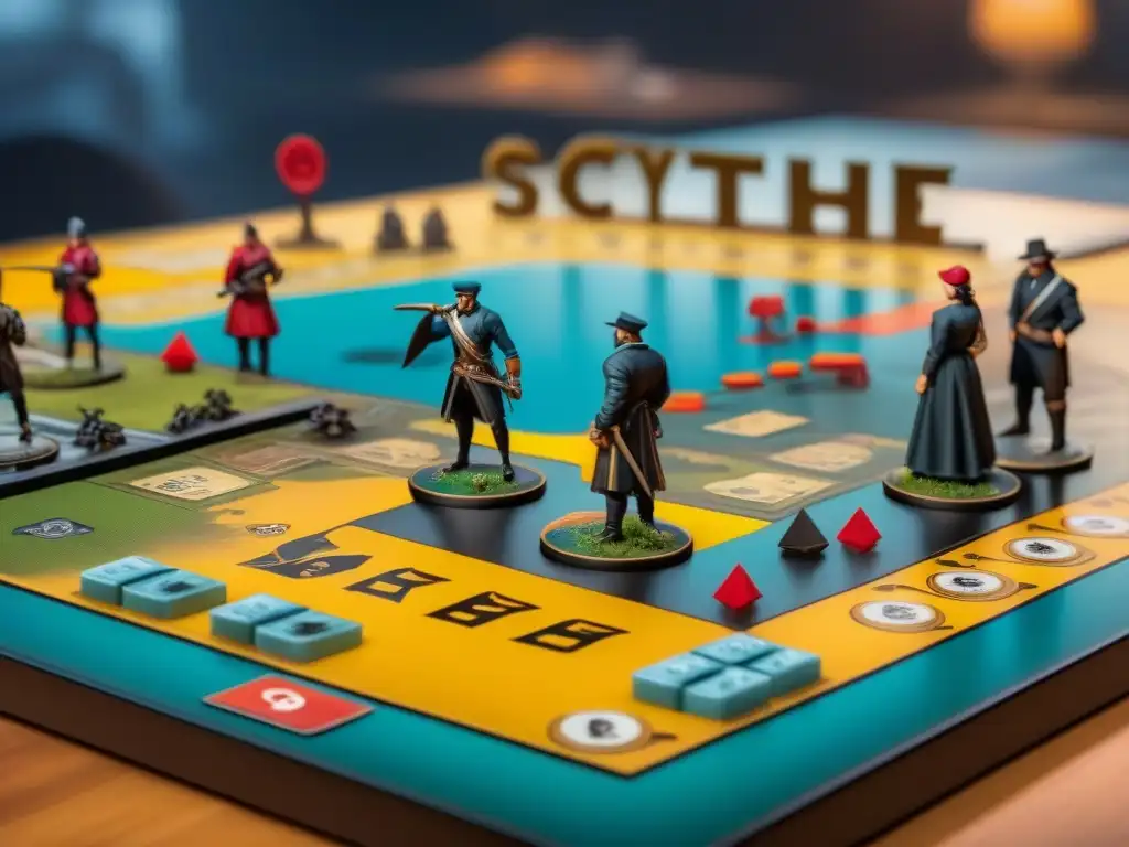 Grupo concentrado juega Scythe con expansiones, estrategias y emoción en mesa de juego