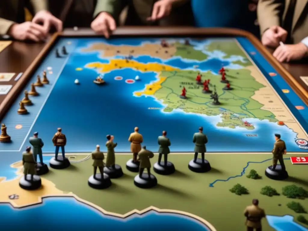 Grupo concentrado en el juego Axis & Allies en un ambiente documental de la Segunda Guerra Mundial