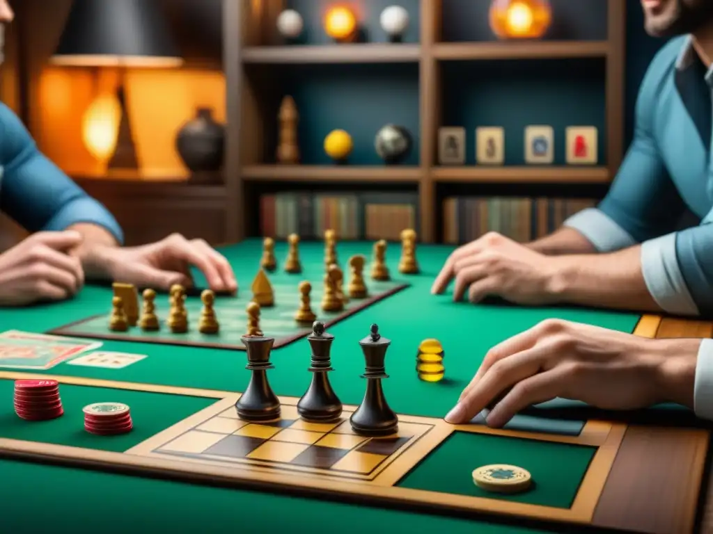 Grupo concentrado en juego de mesa estratégico, con piezas y cartas dispersas en mesa, creando escena dinámica